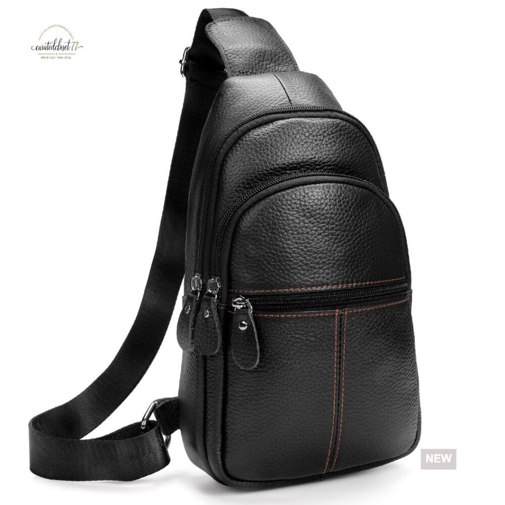 Genuine Leather Sling Crossbody Bag with 3 Compartments for Travel Work
